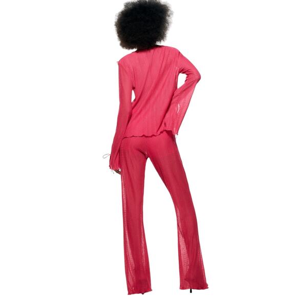 Zara Pink Ribbed Ruffle Plucks Sheer Cover Up Pants - Picture 3 of 12